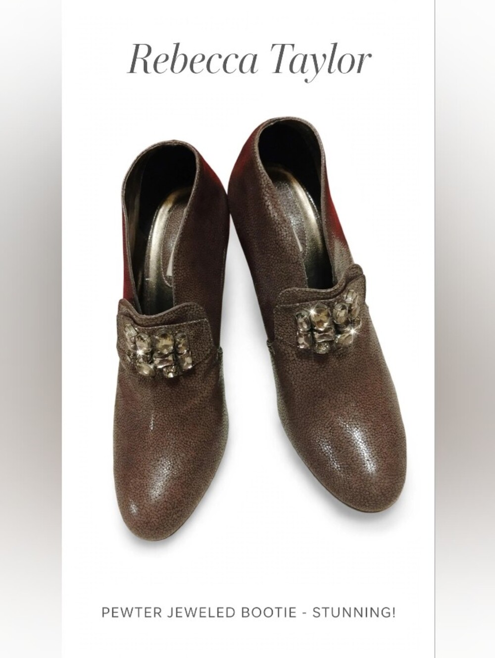Y2K REBECCA TAYLOR Ankle-Bootie Brown Bronze Metallic Leather Crystal Heels 10B